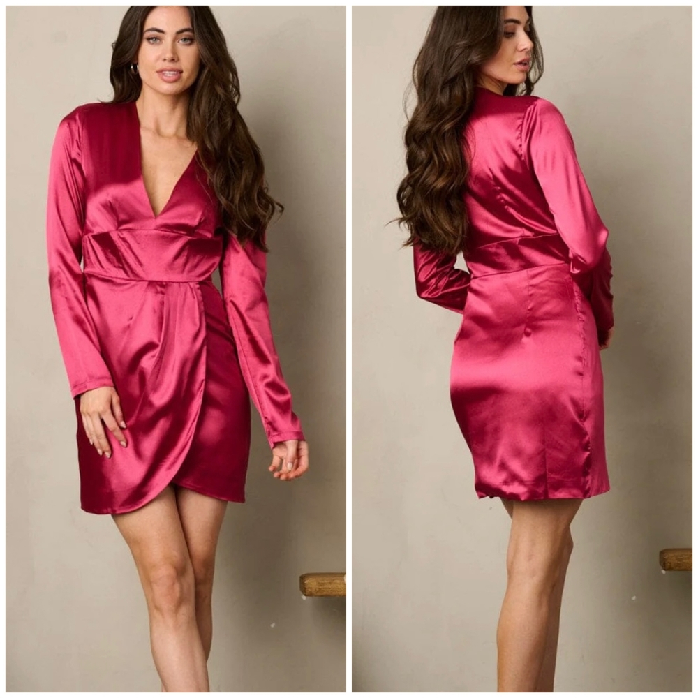 On Twelfth Magenta Satin Long Sleeves Short Dress - Picture 2 of 5